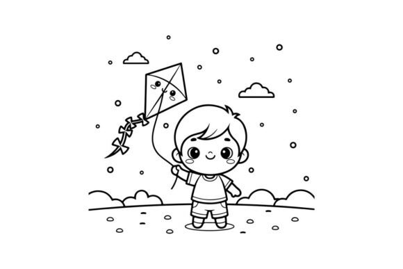 Cute Child Fishing with Kite Vector Illu Graphics Review