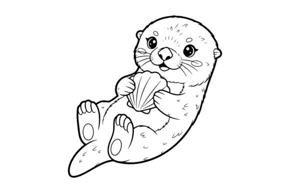 Cute Otter Holding Shell Vector Illustra: Graphics & Illustrations