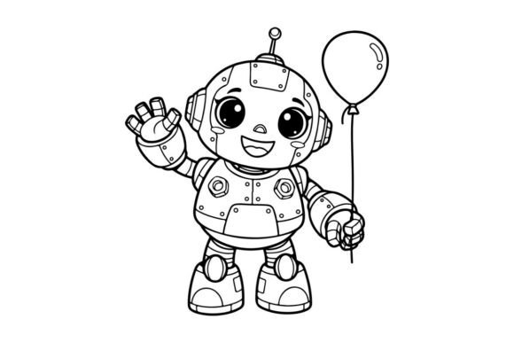Cute Robot Holding Balloon Graphics & Illustrations