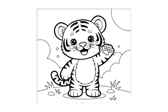 Cute Tiger Cub Waving Happy Vector Illus: Graphics & Illustrations