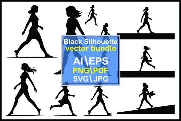 Silhouettes Women Walking Running Fitnes Graphics & Illustrations